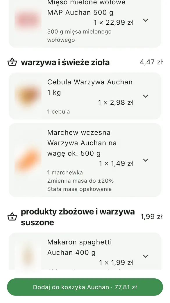 Ekran Koszykuj: produkty dobrane do listy na spaghetti bolognese, pogrupowane w działy sklepu, z cenami i przyciskiem dodania do koszyka za 77,81 zł