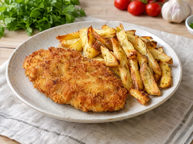 Panierowany filet z kurczaka z frytkami z piekarnika